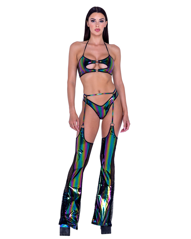 Roma Rave Festival Rainbow Print Vinyl & Fishnet Chaps