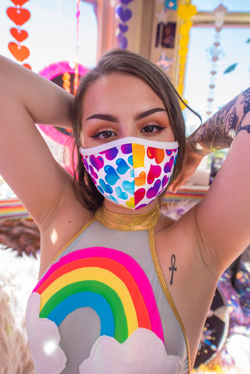 Rainbow Heart Tailored Face Mask- Festival Rave Accessory-J. Valentine