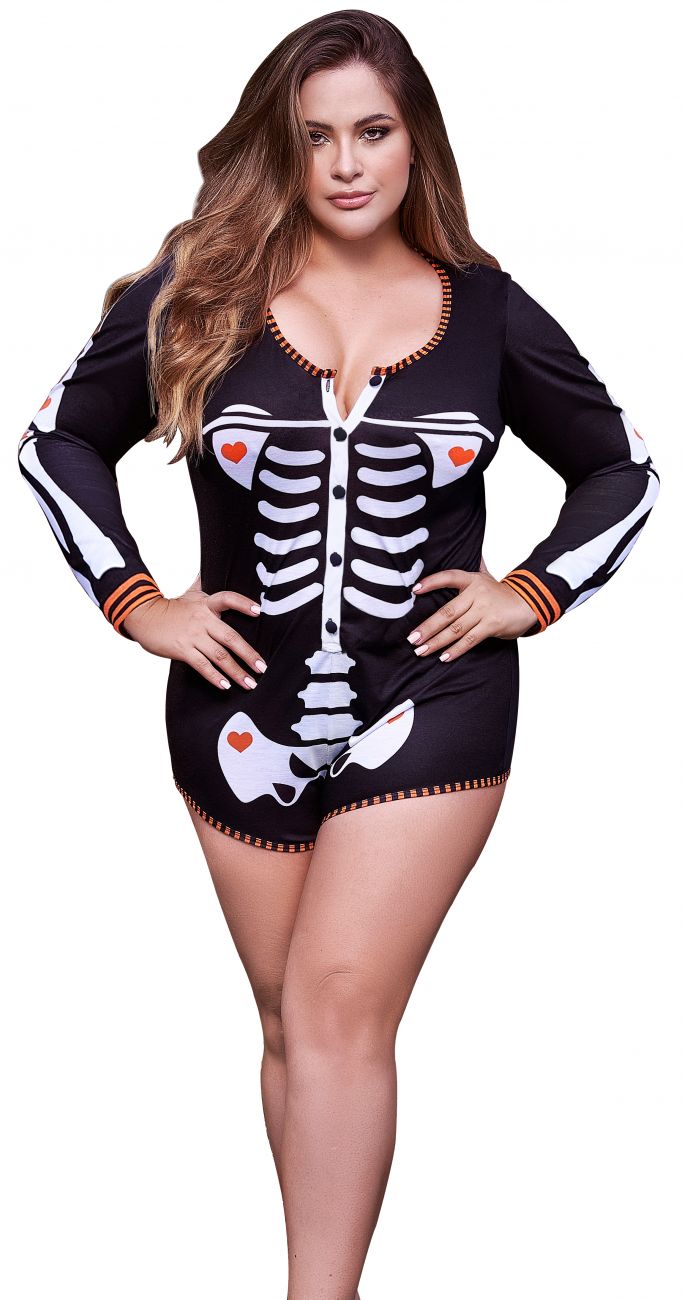 Mapale 7326X Curvy Size Long Sleeve Sleep Romper Color Black Prints