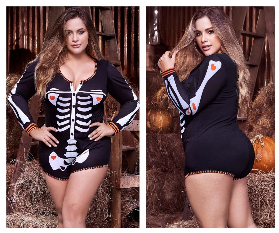 Mapale 7326X Curvy Size Long Sleeve Sleep Romper Color Black Prints