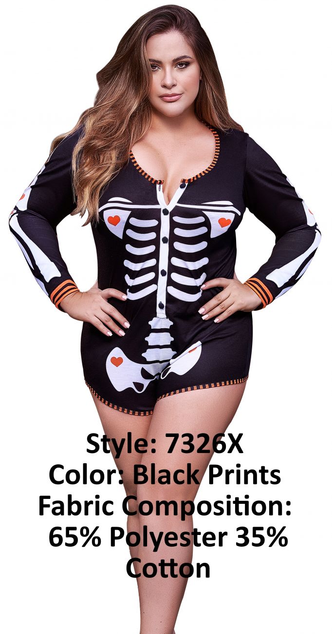 Mapale 7326X Curvy Size Long Sleeve Sleep Romper Color Black Prints