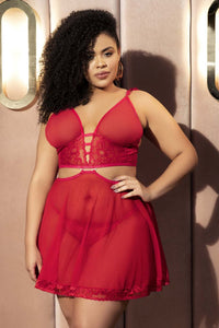 Mapale 7386X Curvy Size Two in One Babydoll and Two Piece Lingerie Set Color Red