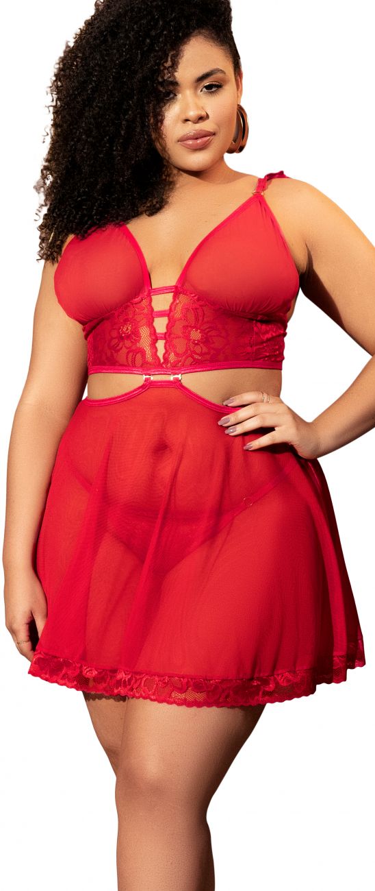 Mapale 7386X Curvy Size Two in One Babydoll and Two Piece Lingerie Set Color Red