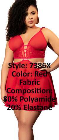 Mapale 7386X Curvy Size Two in One Babydoll and Two Piece Lingerie Set Color Red