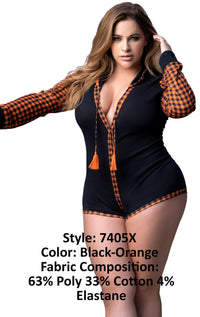 Mapale 7405X Curvy Size Long Sleeve Sleep Romper Color Black-Orange