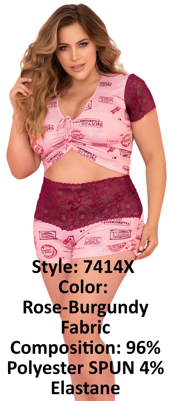 Mapale 7414X Curvy Size Two Piece Pajama Set. Top and Shorts Color Rose-Burgundy