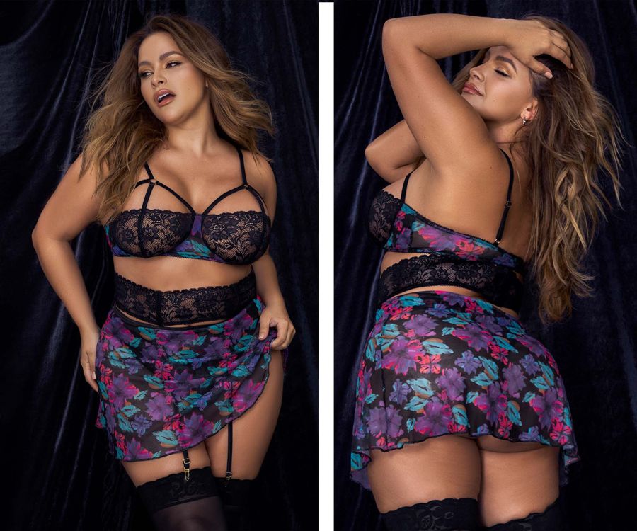 Mapale 7496X Curvy Size Babydoll Three Piece Lingerie Set Color Dream Flower Print