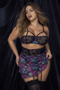 Mapale 7496X Curvy Size Babydoll Three Piece Lingerie Set Color Dream Flower Print