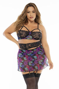 Mapale 7496X Curvy Size Babydoll Three Piece Lingerie Set Color Dream Flower Print