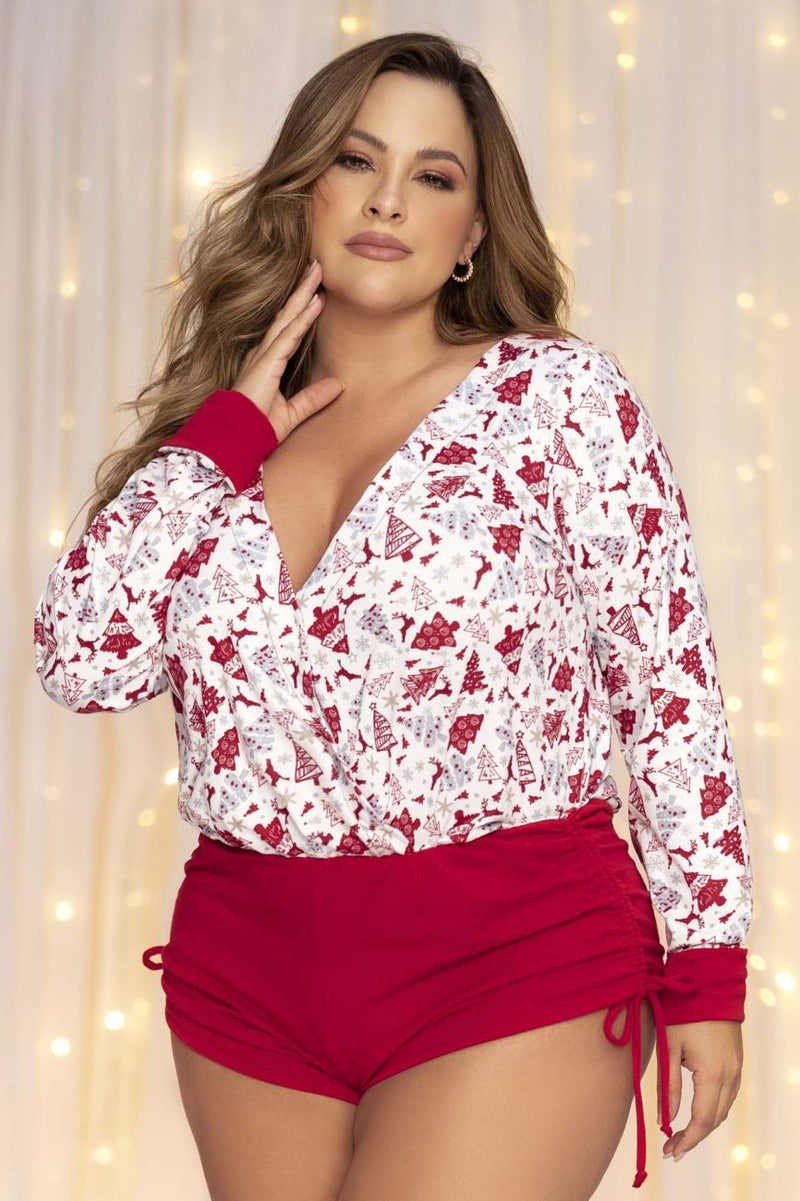 Mapale 7530X Curvy Size Long Sleeve Sleep Romper Color Holiday Print