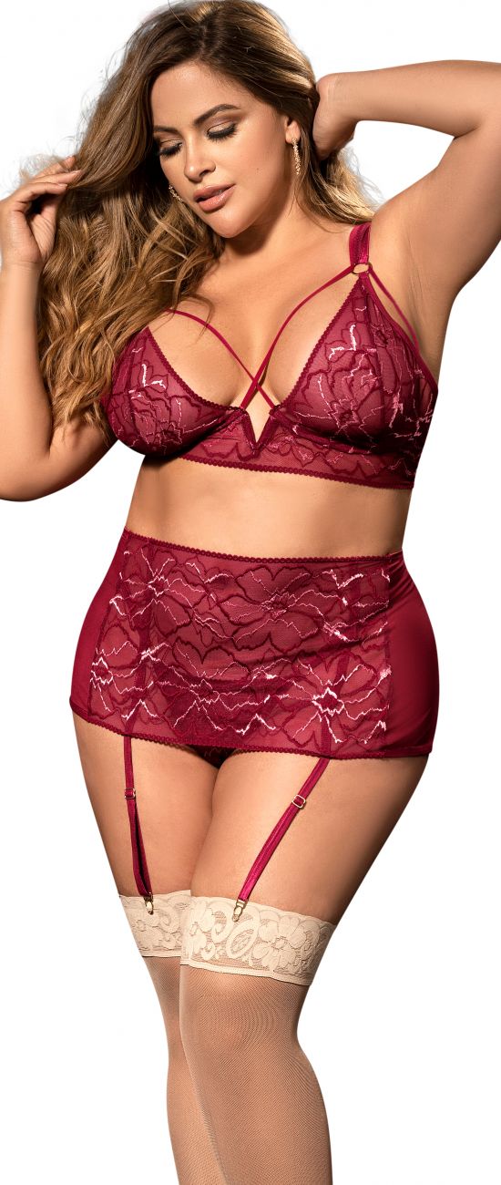 Mapale 8649X Curvy Size Three Piece Lingerie Set Color Burgundy