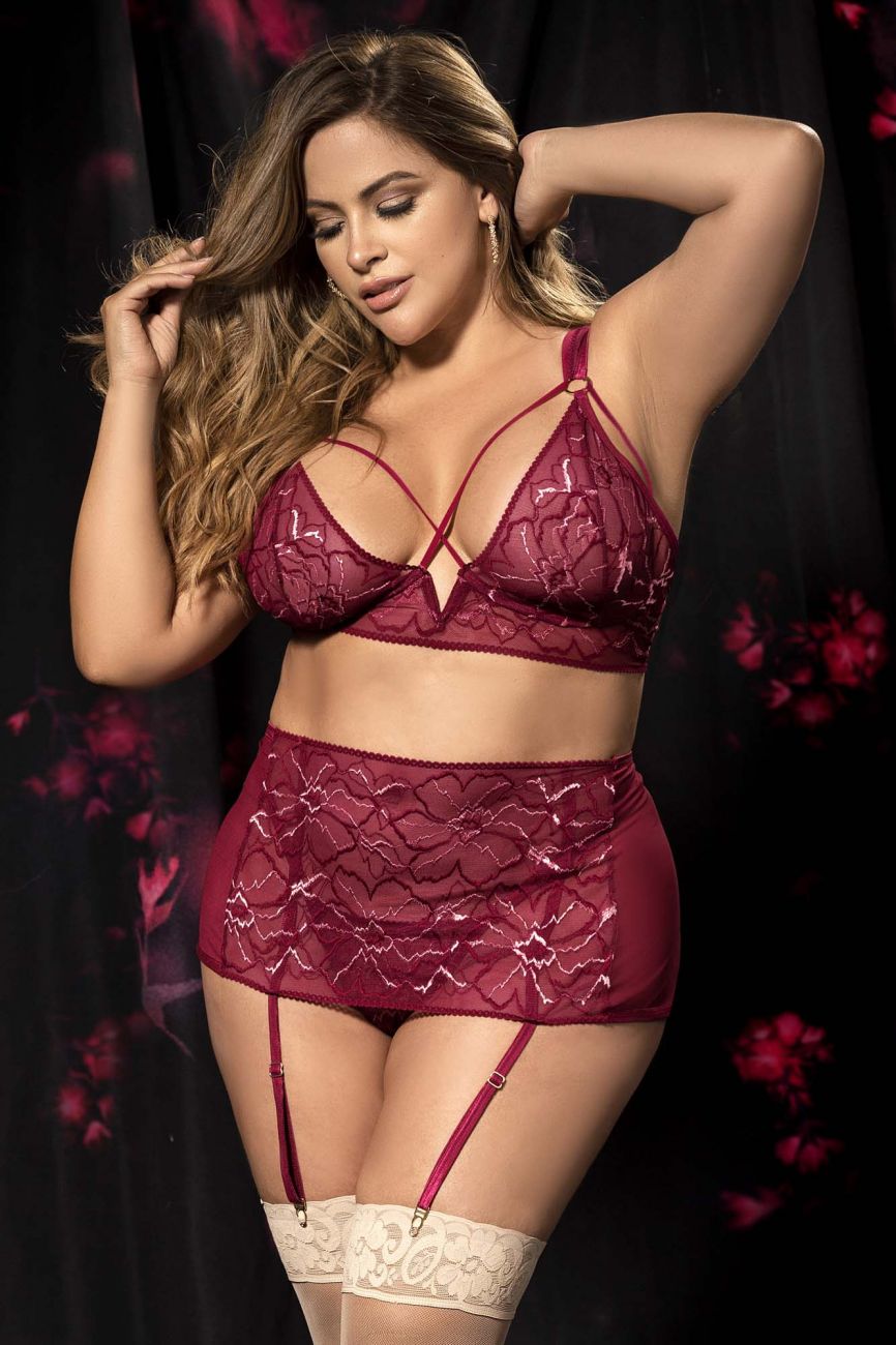 Mapale 8649X Curvy Size Three Piece Lingerie Set Color Burgundy