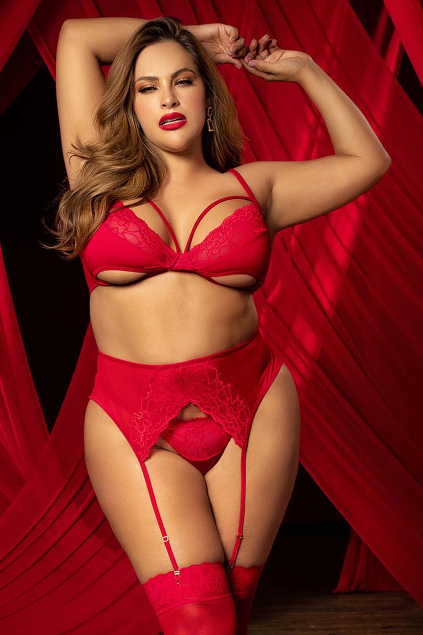 Mapale 8726X Curvy Size Three Piece Lingerie Set Color Red