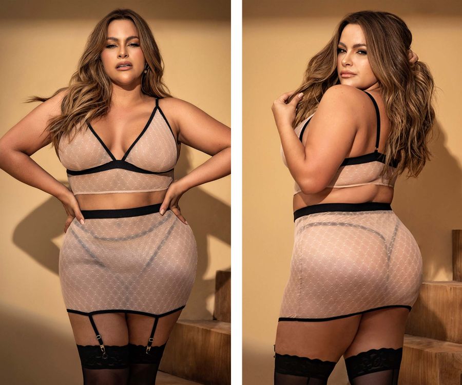 Mapale 8776X Curvy Size Three Piece Lingerie Set Color Nude-Black