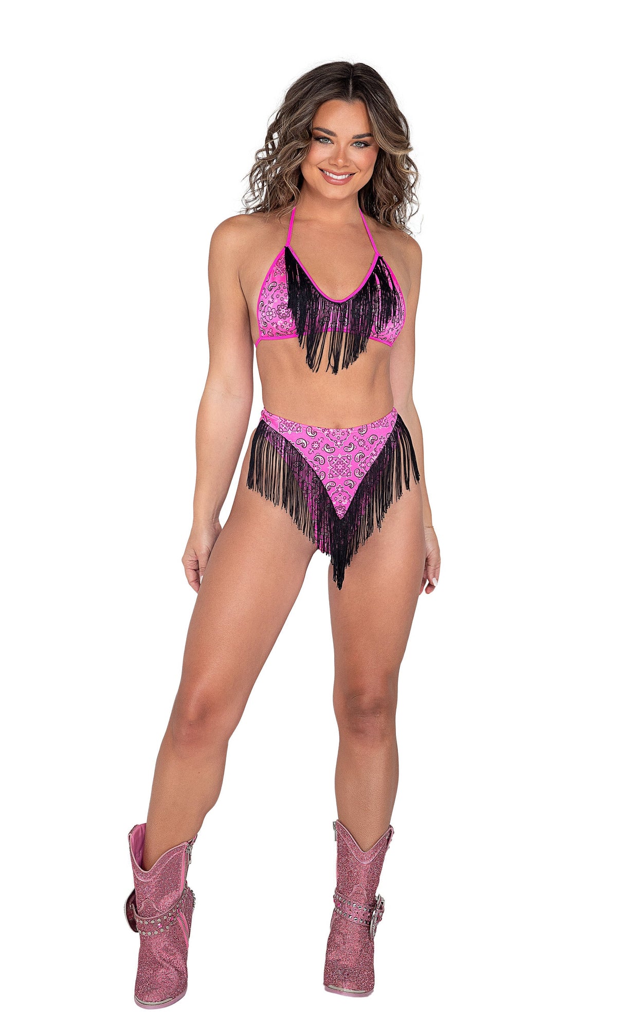 Rave & Festival Wear - Metallic Printed Bikini Top with Fringe Detail-Roma Costume