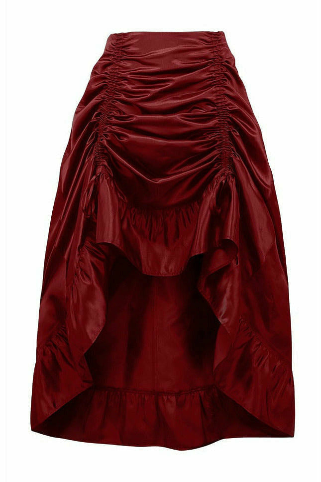 Wine Satin Hi Low Ruched Ruffle Skirt-Daisy Corsets