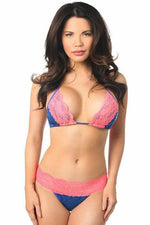 Royal Sequin Pucker Back Bikini w/Coral Lace-Daisy Corsets