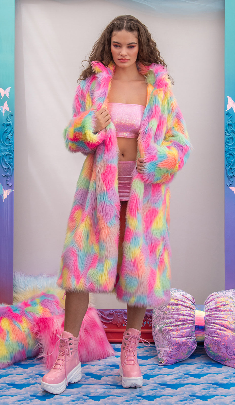 J. Valentine Unisex Faux Fur Mid-Length Coat - Festival Wear - Neon Dreams  / SMALL/MEDIUM
