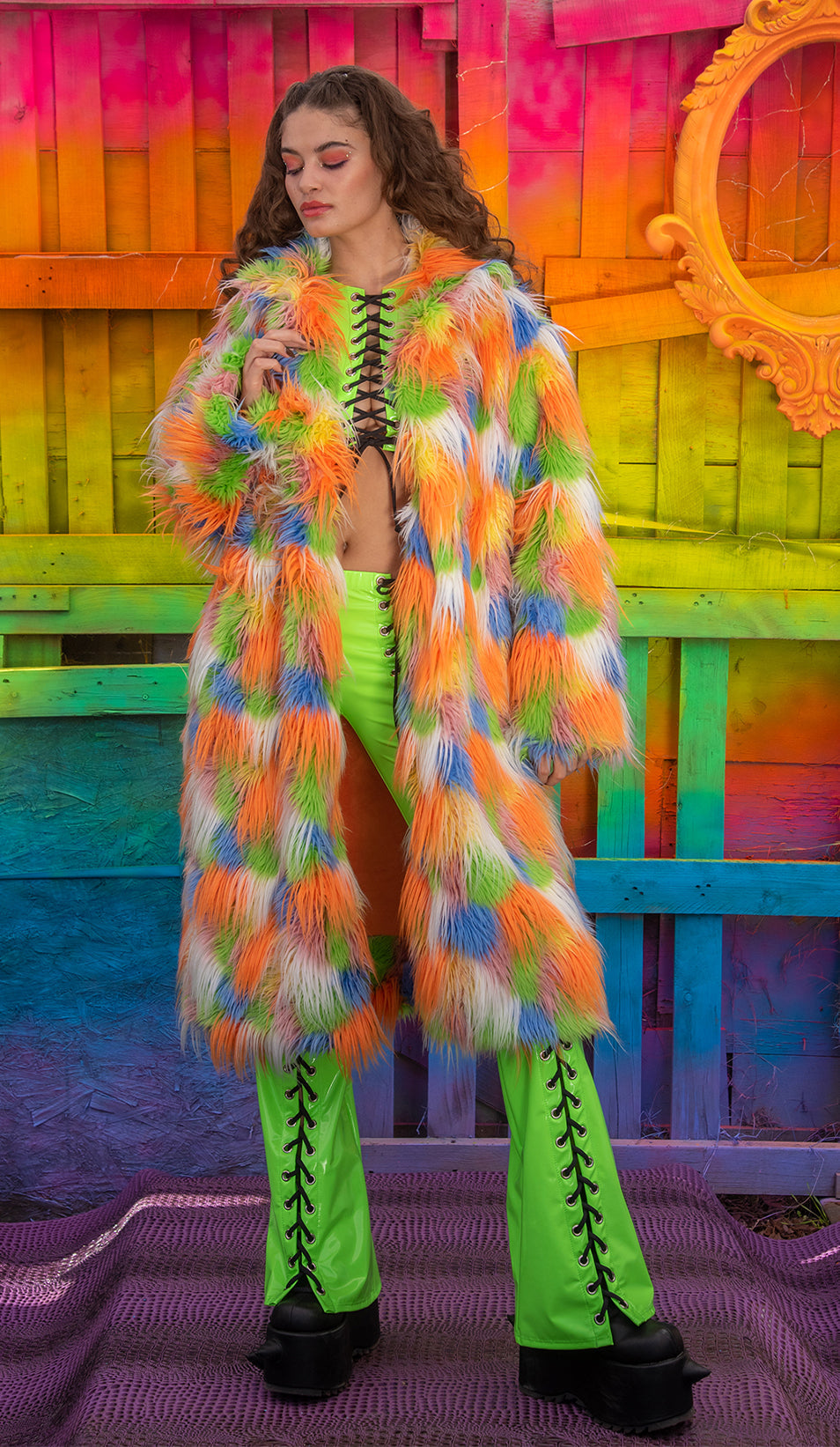 J. Valentine Unisex Faux Fur Mid-Length Coat - Festival Wear - Orange Soda  / SMALL/MEDIUM