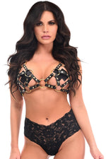 Black/Gold Strappy Harness Bra Top-Daisy Corsets