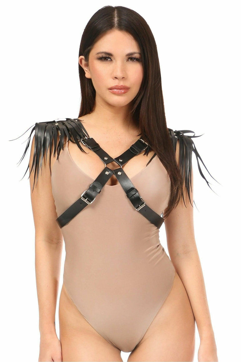 Black Vegan Leather Body Harness w/Shoulder Fringe-Daisy Corsets