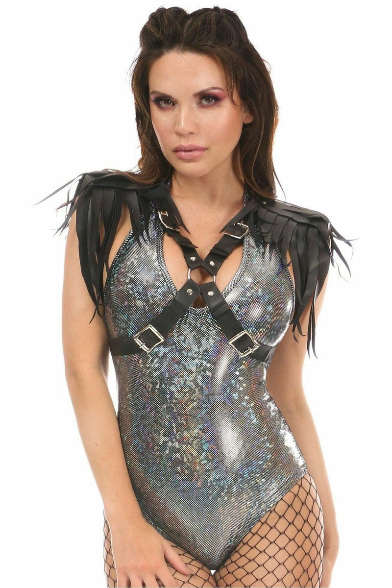 Black Vegan Leather Body Harness w/Shoulder Fringe-Daisy Corsets