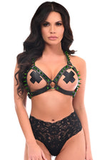 Black Vegan Leather & Green Metallic Spikes Body Harness-Daisy Corsets