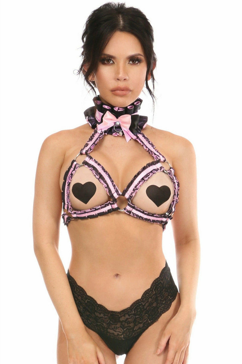 Kitten Collection Lt Pink/Black Lace Bra Top Body Harness-Daisy Corsets