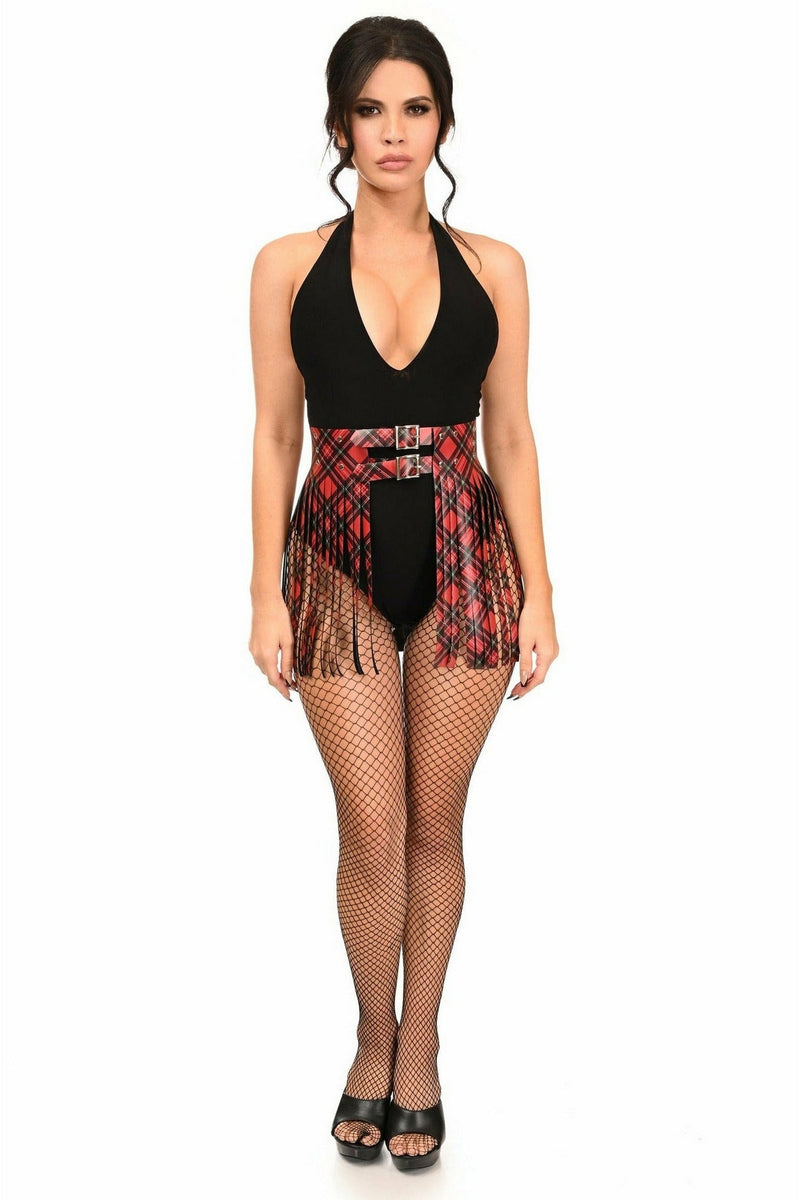 Red Plaid Faux Leather Fringe Skirt-Daisy Corsets