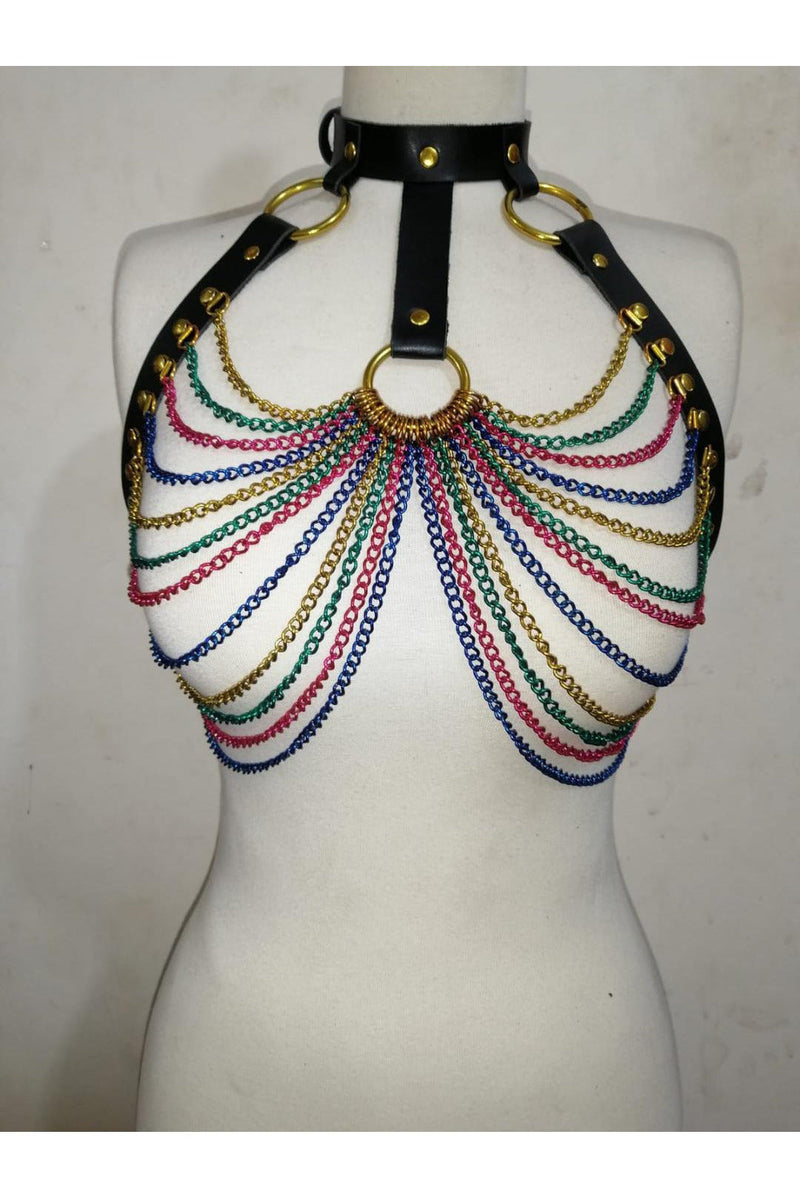 Black Faux Leather & Rainbow Metallic Chain Harness-Daisy Corsets