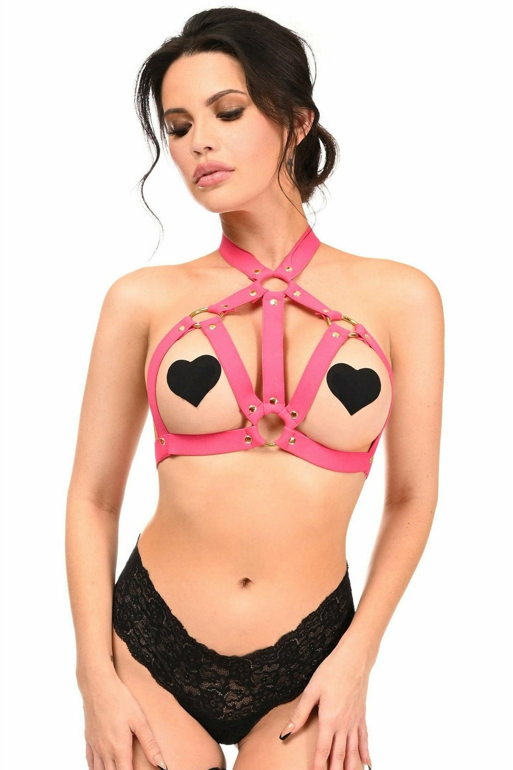 BOXED Hot Pink Stretchy Body Harness w/Gold Hardware-Daisy Corsets