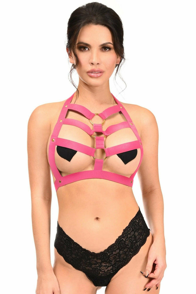 BOXED Hot Pink Stretchy Body Harness w/Gold Hardware-Daisy Corsets