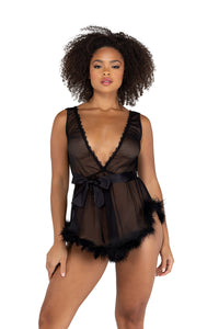 Low Cut Mesh Babydoll with Faux Fur Trim & Satin Tie Roma Confidential-Roma Costume