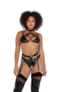 2PC Vinyl & Chain Crotchless Bra Set Roma Confidential-Roma Costume