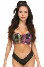 Lavish Rainbow PVC Glitter & Fishnet Lace-Up Short Bustier Top-Daisy Corsets