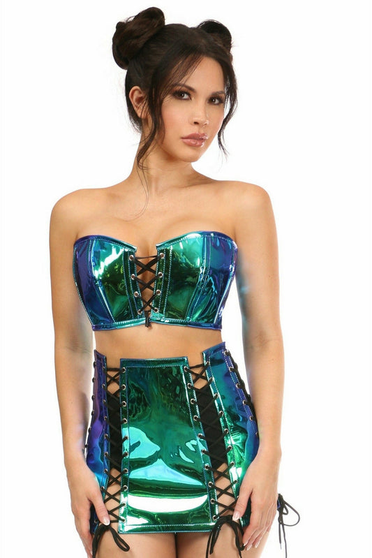 Lavish 2 PC Blue/Teal Holo Bustier & Skirt Set-Daisy Corsets