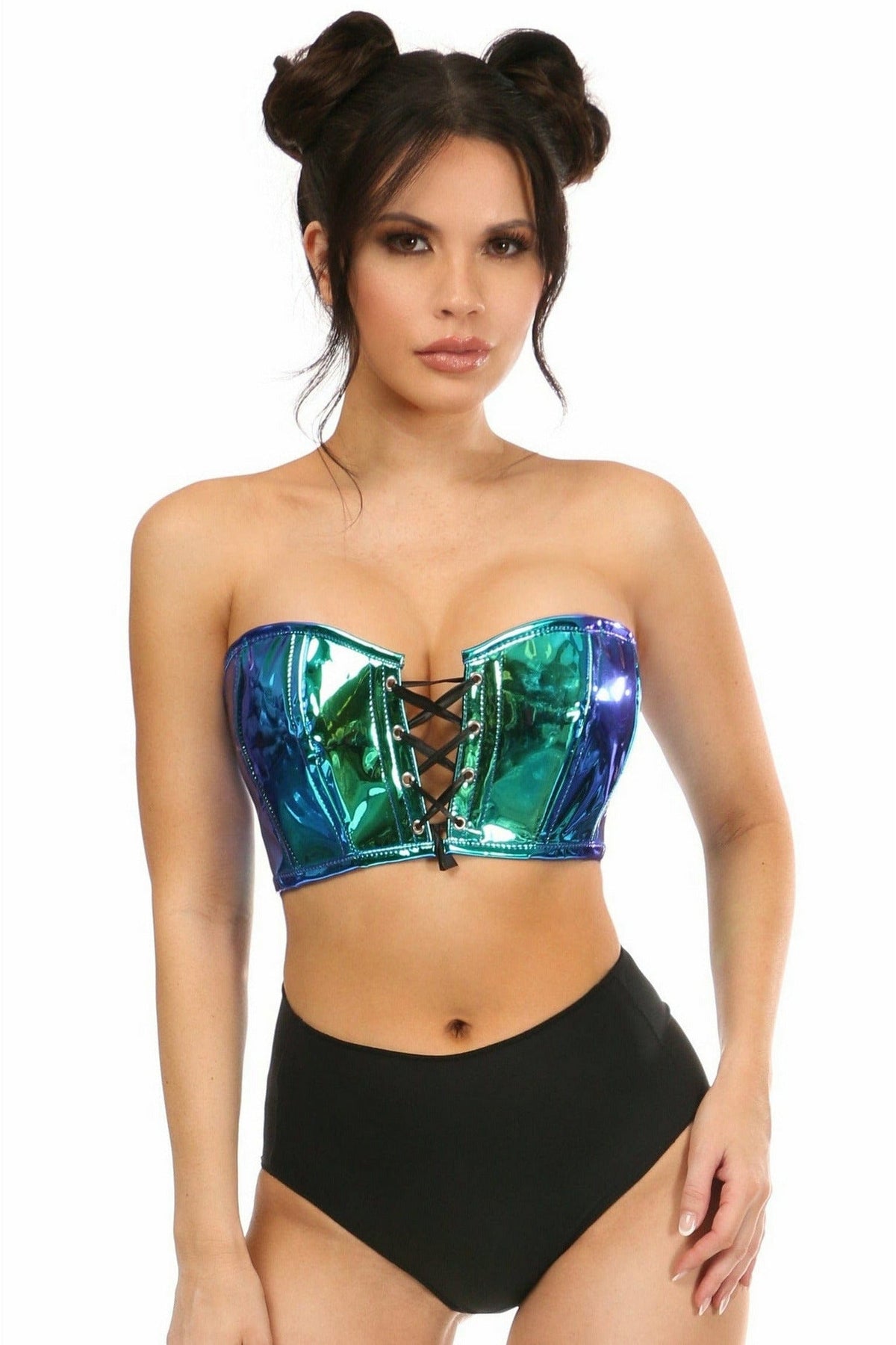 Lavish Teal/Blue Holo Lace-Up Short Bustier Top-Daisy Corsets