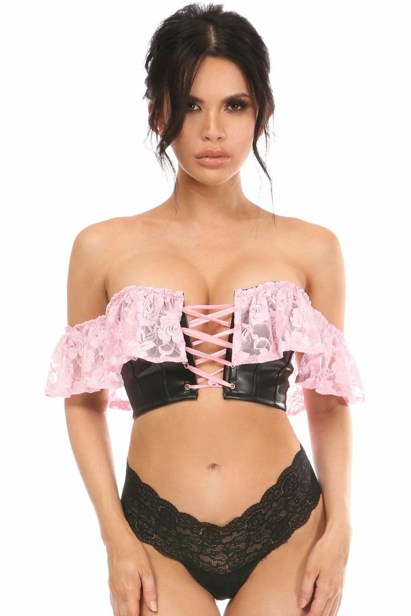 Lavish Lt Pink Lace & Faux Leather Bustier Top-Daisy Corsets