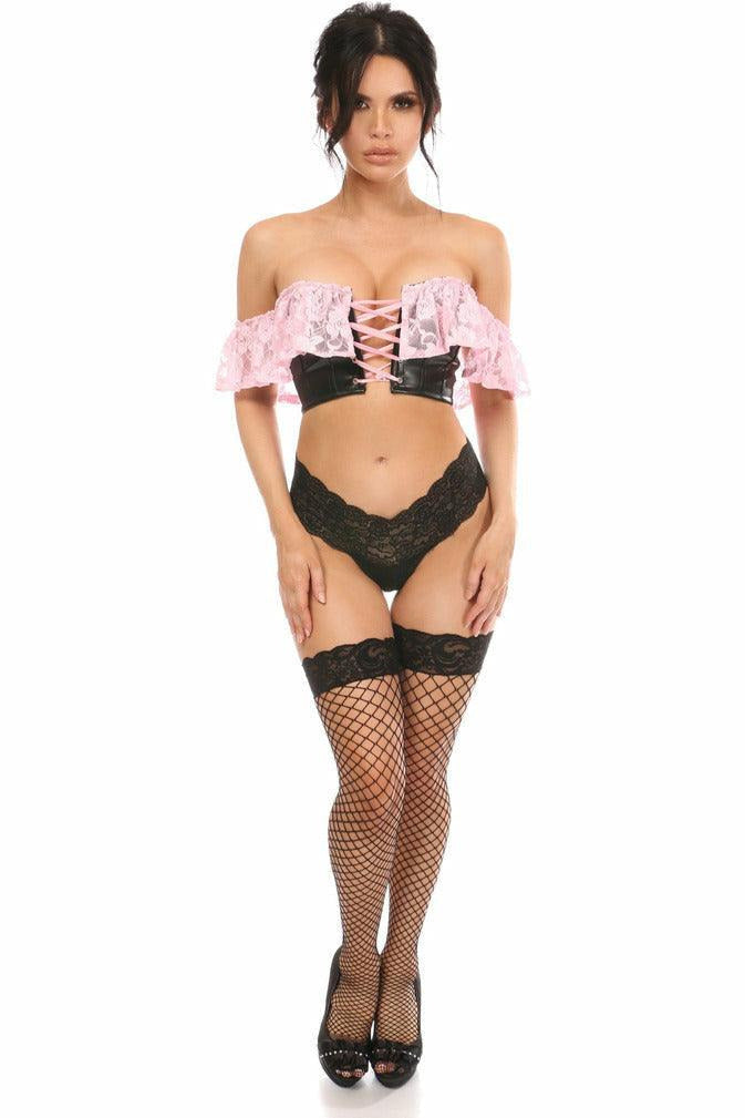 Lavish Lt Pink Lace & Faux Leather Bustier Top-Daisy Corsets