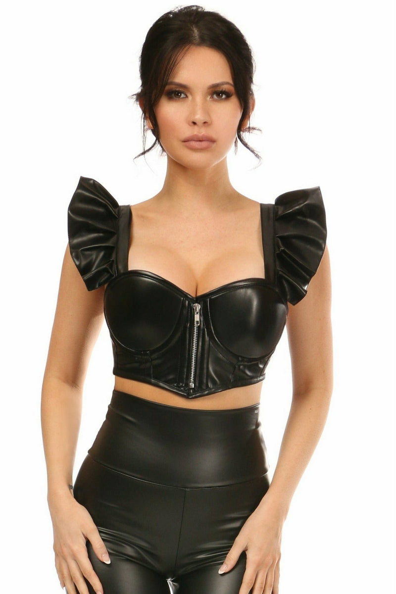 Lavish Black Faux Leather Underwire Bustier Top w/Removable Ruffle Sleeves-Daisy Corsets