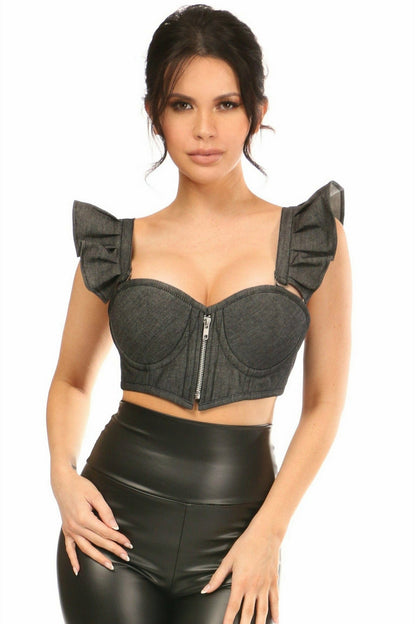 Lavish Black Denim Underwire Bustier Top w/Removable Ruffle Sleeves-Daisy Corsets