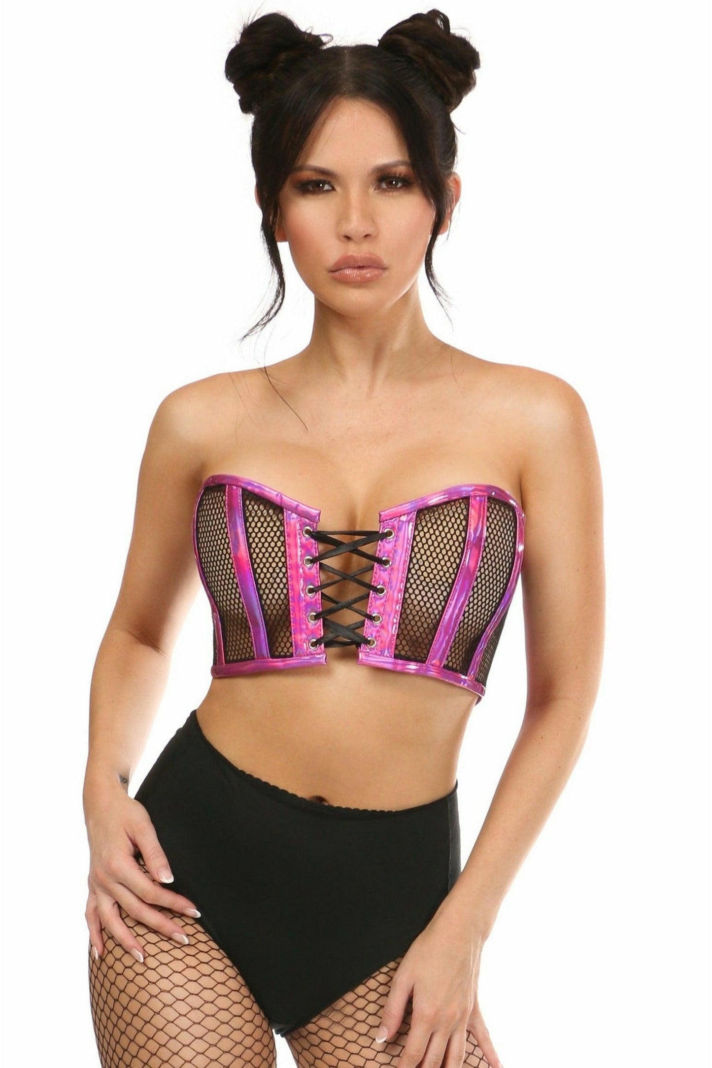 Lavish Fuchsia Holo & Fishnet Lace-Up Short Bustier Top-Daisy Corsets