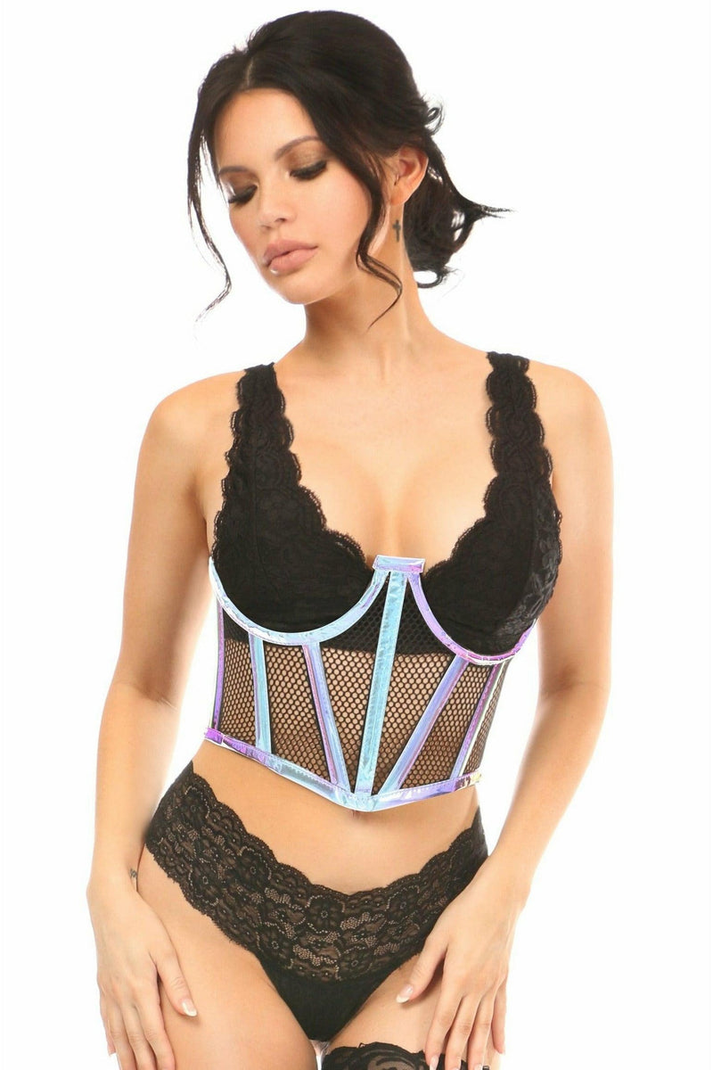 Lavish Blue/Purple Holo & Fishnet Underwire Waist Cincher Corset-Daisy Corsets