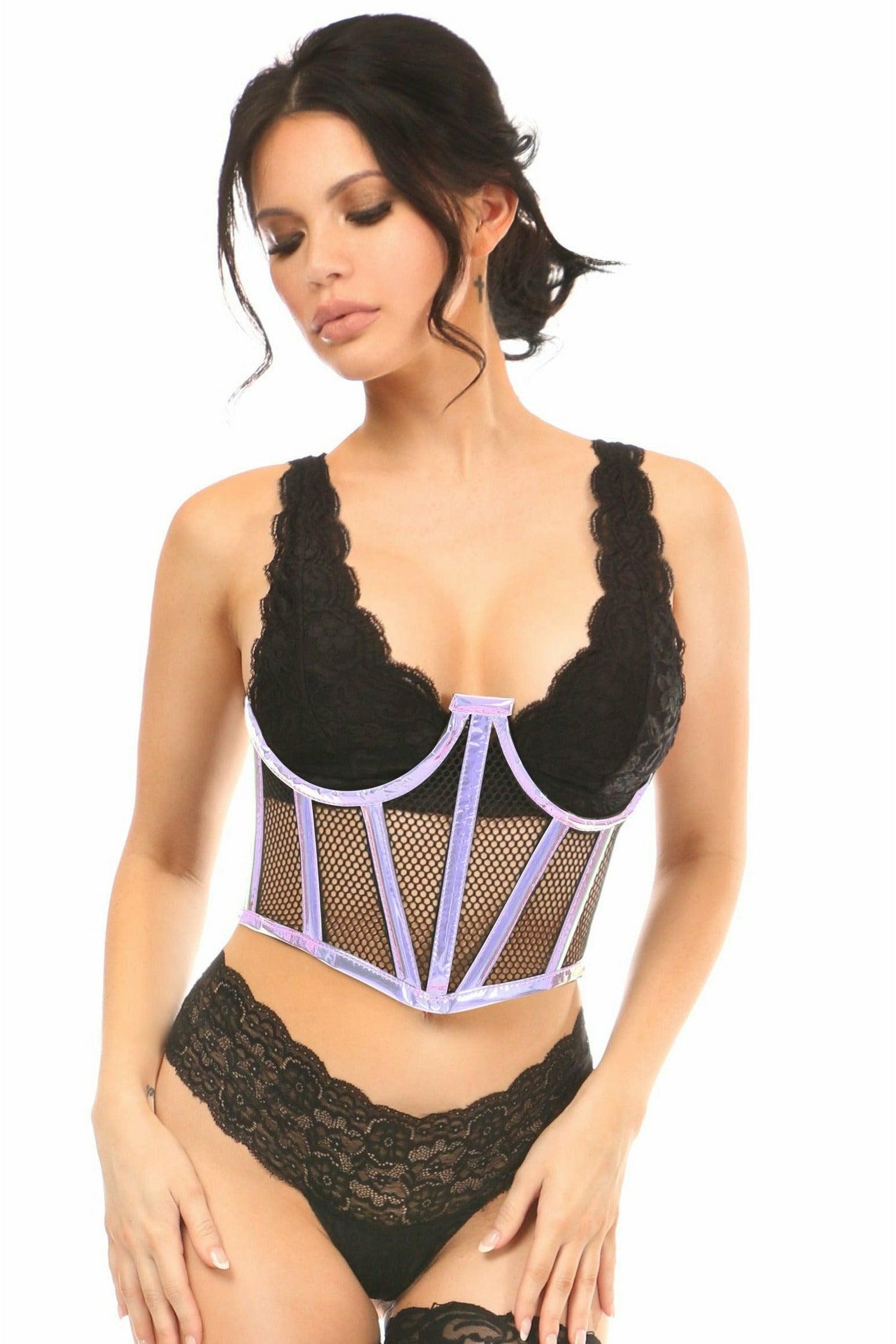 Lavish Lavender Holo & Fishnet Underwire Waist Cincher Corset-Daisy Corsets