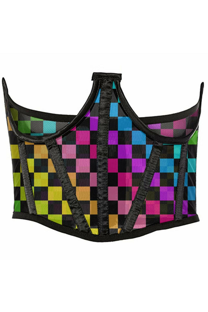 Lavish Rainbow Checkers Print Mesh Open Cup Waist Cincher-Daisy Corsets