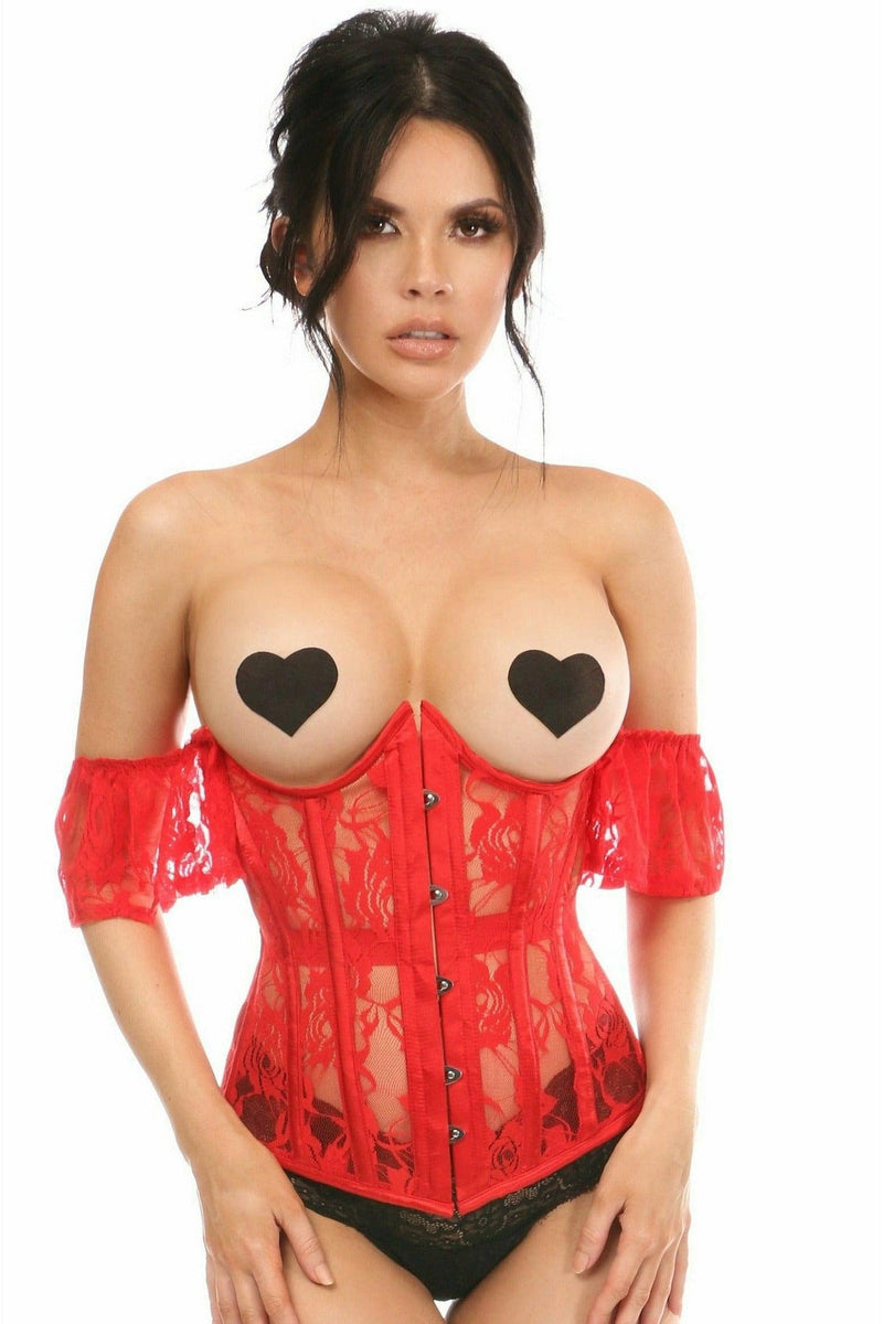 Lavish Sheer Red Lace Underbust Underwire Corset w/Ruffle Sleeve-Daisy Corsets