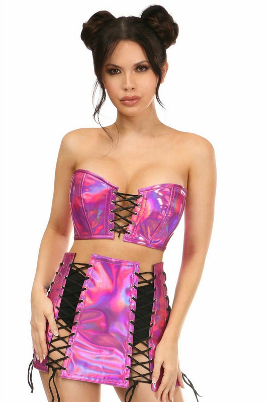 Lavish 2 PC Fuchsia Holo Bustier & Skirt Set-Daisy Corsets