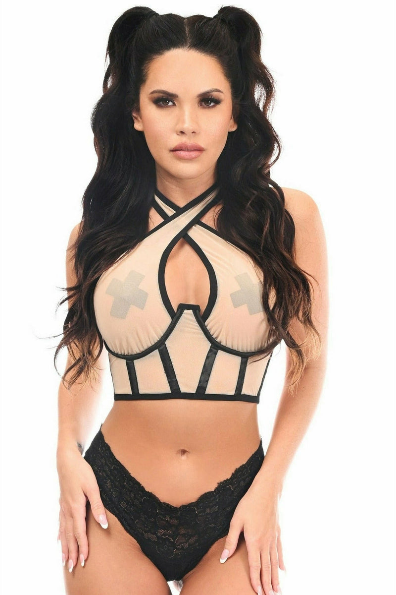 Lavish Nude Mesh Underwire Cincher w/Built In Halter Top-Daisy Corsets