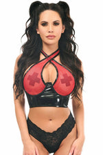 Lavish Red/Black Vinyl & Fishnet Halter Top Underwire Cincher-Daisy Corsets