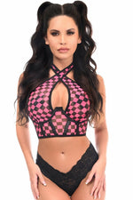 Lavish Black/Pink Checker Mesh Underwire Cincher w/Built In Halter Top-Daisy Corsets